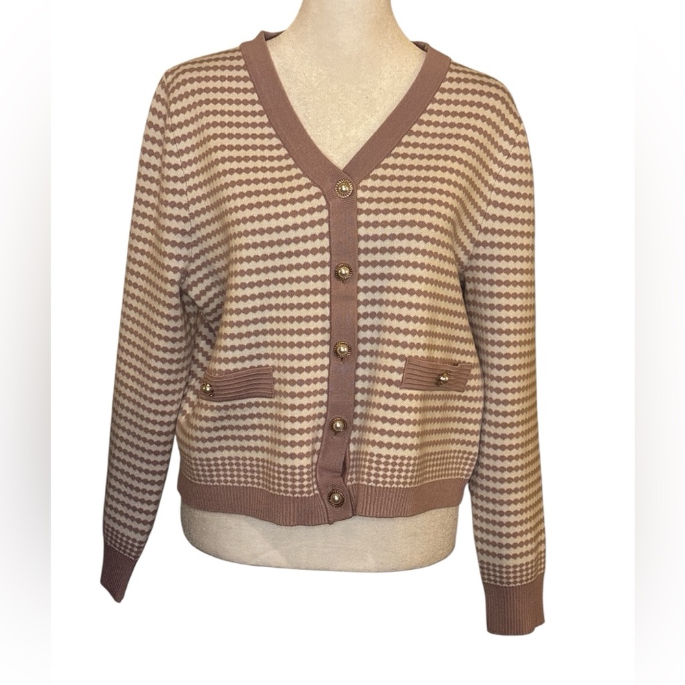 Adrianna Papell V-Neck Button-Up Cardigan -Lavender and Cream